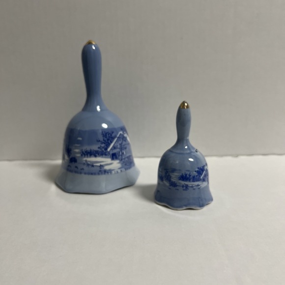 2 VINTAGE CURRIER & IVES PORCELAIN BELLS "THE OLD HOMESTEAD IN WINTER" - Picture 1 of 3